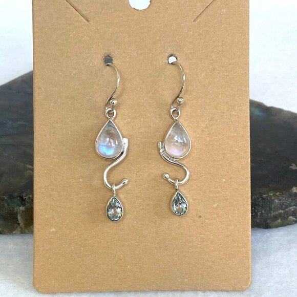 Sterling Silver 925 Moonstone Cabochon & Faceted Blue Topaz Dangle Earrings - Picture 1 of 16